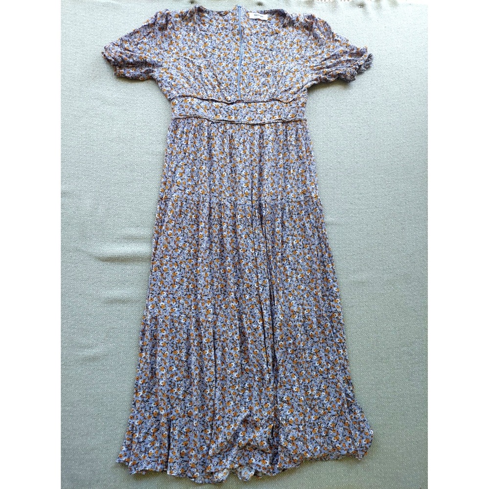 Showpo Dress Womens 8 Blue Floral Maxi Tiered Puff‎ Sleeve Boho Rayon V-Neck